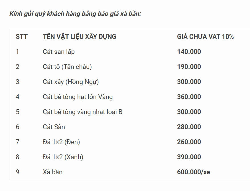 bảng giá vận chuyển xà bần chi tiết